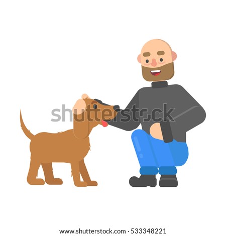 Hipster man petting a dog cute dog in cartoon style. 