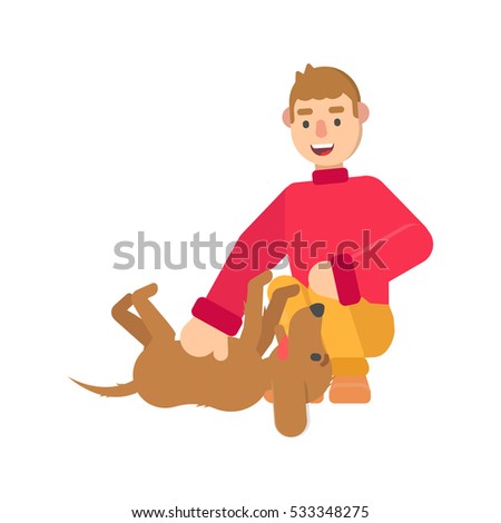 Young man tickles a dog cute dog in cartoon style. 