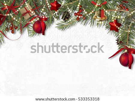 Christmas decoration border with firtree,bell and ball on white 