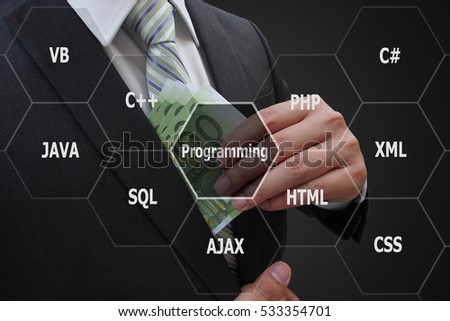 Programmer putting euro banknotes in suit pocket with virtual panel of programming languages, Computer technology concept