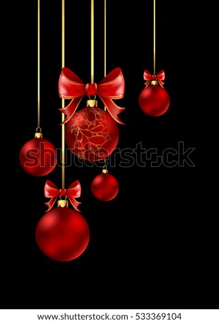 Christmas balls with red ribbon and bows on black background. Vector Illustration.