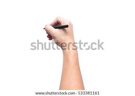 writing hand. male hand hold black pen write on the wall isolated on white with clipping path Royalty-Free Stock Photo #533381161
