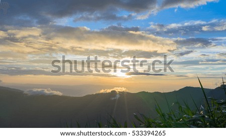 Sun, clouds, sky, landscapes and mountains evening mass at Phetchabun province, Thailand.