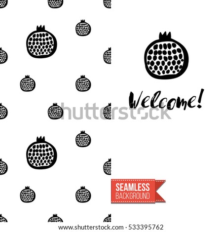 Monochrome greeting card. Seamless pattern background with tribal style elements on one side. On another inscription: welcome. Vector template.
