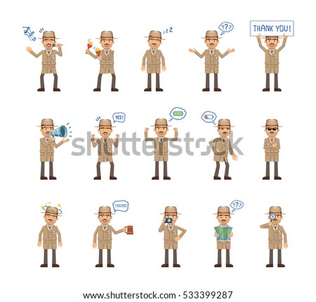 Big set of detective characters showing different actions. Cheerful detective karaoke singing, dancing, sleeping, holding banner, loudspeaker, map and doing other actions. Flat vector illustration