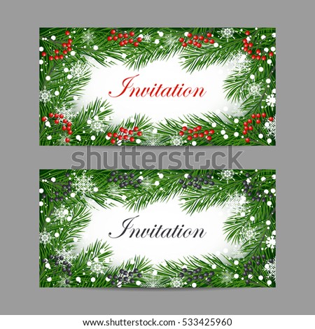 Set of horizontal banners. Decorative frame with fir branches, berries and snowflakes for use in your design.