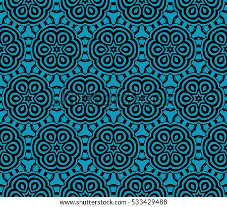 Gothic geometry flower. Seamless pattern. Black, blue color. raster copy illustration.
