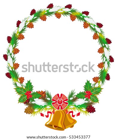 Holiday round garland decorated with pine branch, snow-flakes and cones. Christmas frame with free space for text, photo or picture. Design element for New Year decorations. Raster clip art.