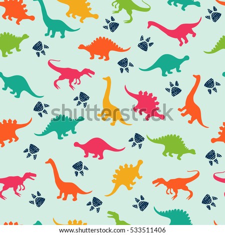 Cute kids pattern for girls and boys. Colorful dinosaurs on the abstract grunge background create a fun cartoon drawing. The background is made in neon colors. Urban backdrop for textile and fabric. Royalty-Free Stock Photo #533511406