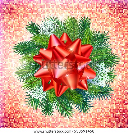 Realistic style illustration with red glossy bow over green pine tree branches