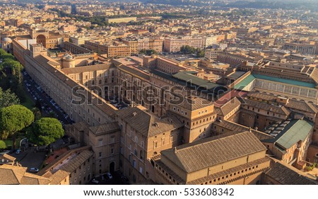 A view of the Sistine Chapel and the Vatican Museums in Rome from the dome of St. Peter Royalty-Free Stock Photo #533608342