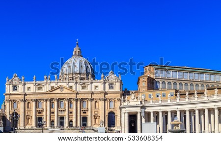 View from St. Peter's Square in Rome on the facade of the cathedral and to the building of the Sistine Chapel Royalty-Free Stock Photo #533608354