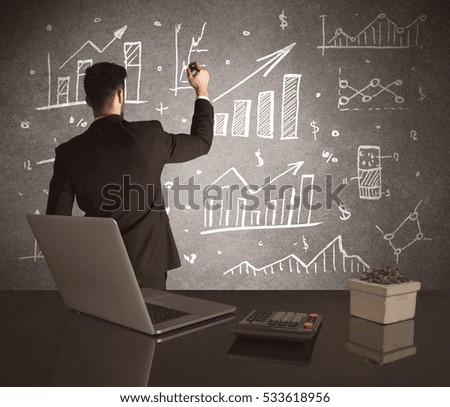 A young marketing office worker drawing pie chart and graph on wall at financial meeting concept
