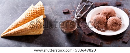 plate of chocolate ice cream scoops with pieces of chocolate bar and waffle cones  on dark background, banner.