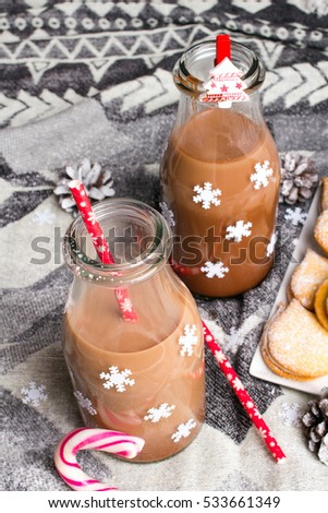 Christmas hot chocolate, sweet cookies  and colorful decorations