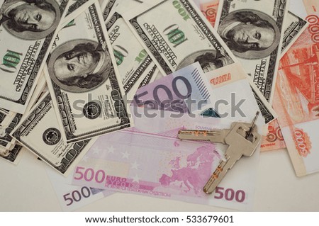 bank banknotes dollar, euro, ruble on a white background