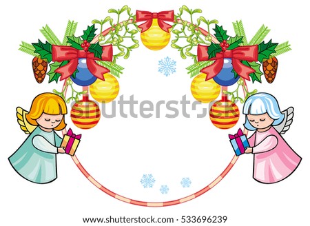 Christmas round label with cute angels. Copy space. Christmas holiday background. Vector clip art.