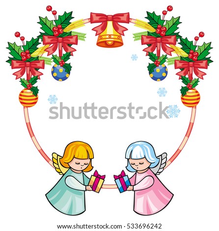 Christmas round label with cute angels. Copy space. Christmas holiday background. Vector clip art.