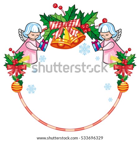 Christmas round label with cute angels. Copy space. Christmas holiday background. Vector clip art