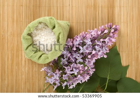 Branch of lilac and green bag with scattered sea salt