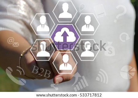 Businesswoman presses the button web sign upload cloud connection icon on the touch screen in the web network. 