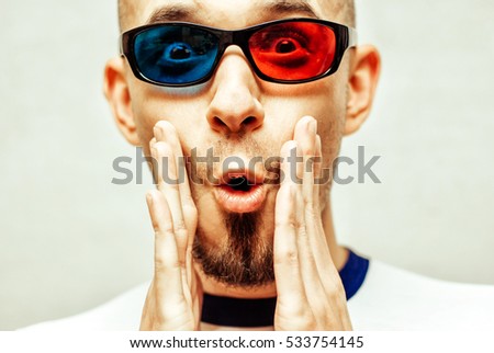 Portrait Of A Young Man Wearing 3d Glasses On A white Background