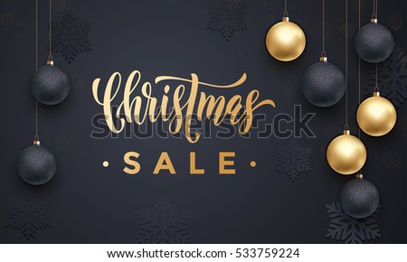 Christmas Sale background golden glitter text with Christmas balls decoration ornaments, gold glittering snowflakes pattern. Banner or poster for shopping store promotion