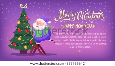 Cute cartoon blue suit Santa Claus decorating Christmas tree Merry Christmas vector illustration Greeting card poster horizontal banner