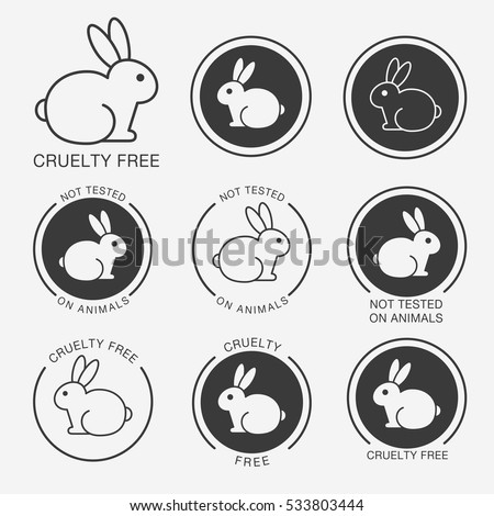 Set of black and white round icons with a rabbit (bunny) and titles "Cruelty Free", Not Tested on Animals"