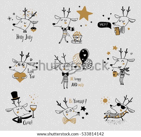 Set of stylish black and white New year and christmas doodle elements with
cute hand drawn deer.
