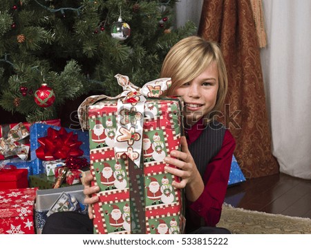 Young boy by the christmas tree