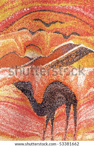 Desert at sunset with dromedary made of sand