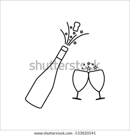 Champagne bottle explosion with cheering glasses symbol sign line icon on background