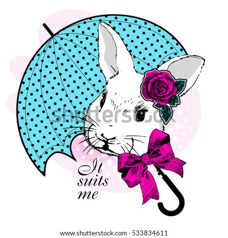 Vector white rabbit  with umbrella. Lapin with rose and bow. Hand drawn illustration of dressed bunny.
