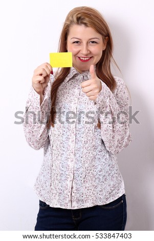 happy woman hold card