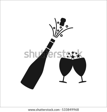 Champagne bottle explosion with cheering glasses symbol sign silhouette icon on background
