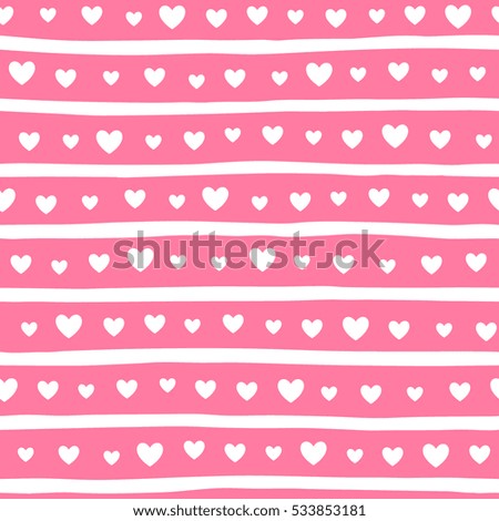 Hearts and stripes seamless vector pattern. Valentine day simple background. Hearts of different size and uneven, doodle style bars endless texture.