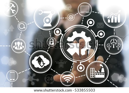 Industrial integration automation modernization business internet concept. Gear arrow industry 4.0 manufacture engineering technology Royalty-Free Stock Photo #533855503