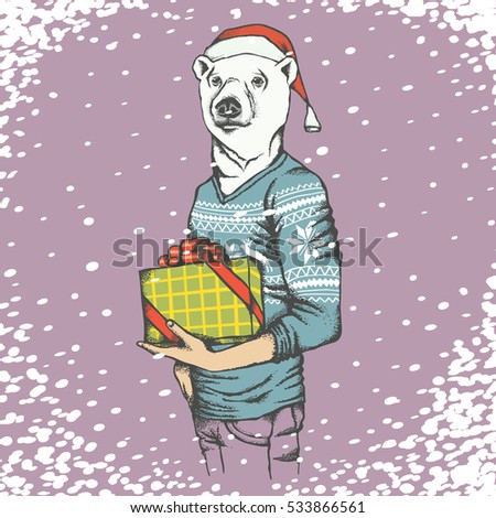 White polar bear vector illustration. Bear in human sweatshirt with gift and Christmas Santa hat on it