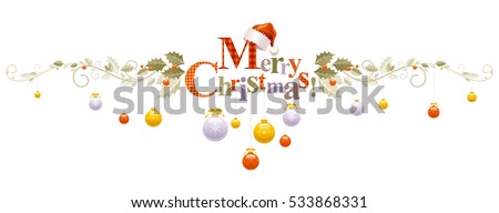 Merry Christmas holiday vector horizontal banner on white background with Santa Clause hat, tree decoration ball, snowflake. Elegant text letters. Winter abstract poster design illustration template