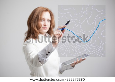 Geographic information systems concept, woman scientist working with futuristic GIS interface on a transparent screen. Royalty-Free Stock Photo #533873890
