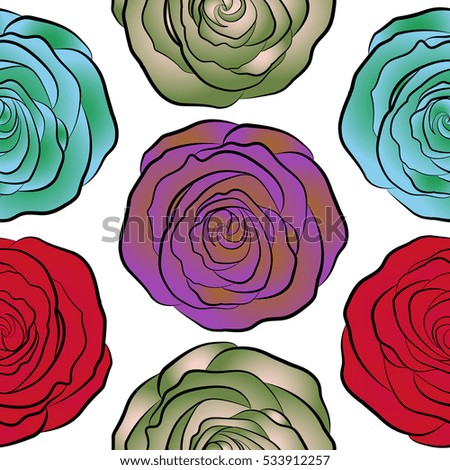 Red, violet and green vector roses petals on a white background.