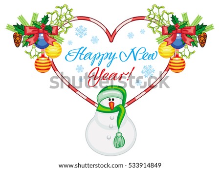 Heart-shaped winter holiday label with snowman and greeting text: "Happy New Year!". Christmas design element. Vector clip art.