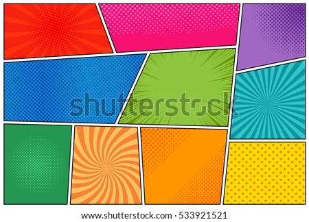 Comic book page template with radial halftone effects and rays in pop-art style. Colorful empty background. Vector illustration