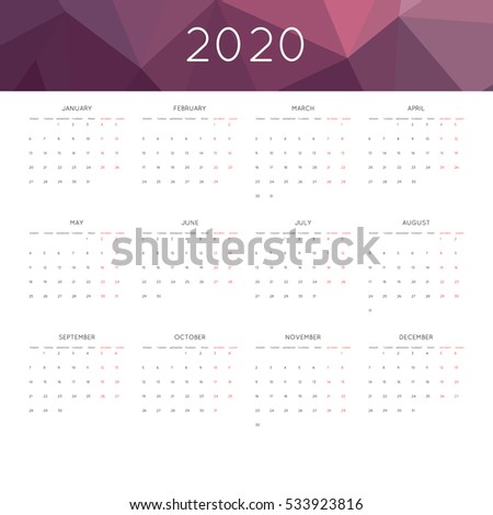 Calendar 2020 year simple style. With abstract geometric triangle mosaic tessllation header,banner.  Week starts from monday