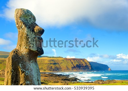 Closeup of large Moai at Ahu Tongariki on Easter Island, Chile