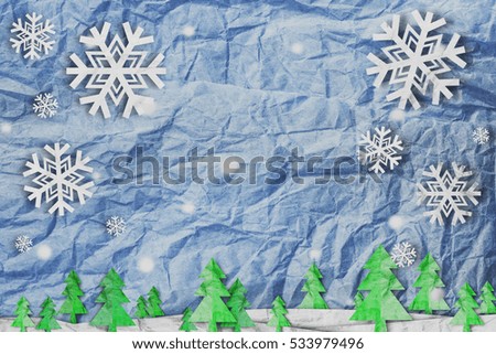 Christmas background, Snowflake with snow and christmas tree, paper cut style made of crumpled paper