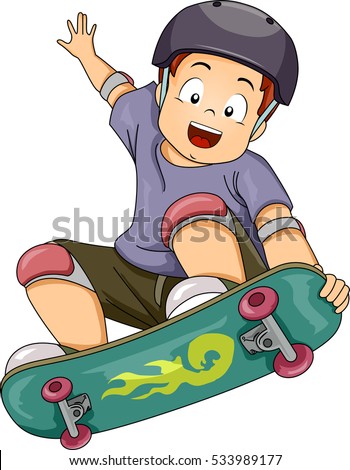 Illustration of a Little Boy Wearing Protective Gear While Performing Skateboarding Stunts
