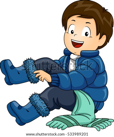 Illustration of a Little Boy Putting on a Set of Winter Clothing One by One