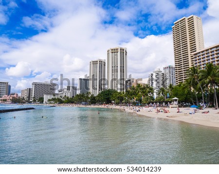 Waikiki beach is beachfront neighborhood of Honolulu, Oahu Island, Hawaii, USA. Waikiki Beach in the center of Honolulu has the largest number of visitors in Hawaii.